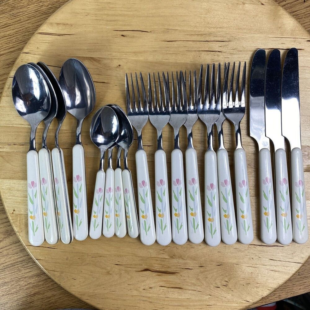 Studio Nova Japan Fresh Mint Flatware Set 18 Pc Floral Stainless Steel MCM VTG